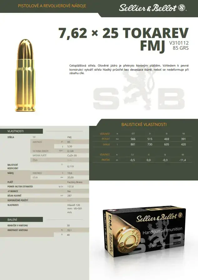 Pistolové náboje STV 7,62x25 Tokarev FMJ,  85 grs / 5,5 g