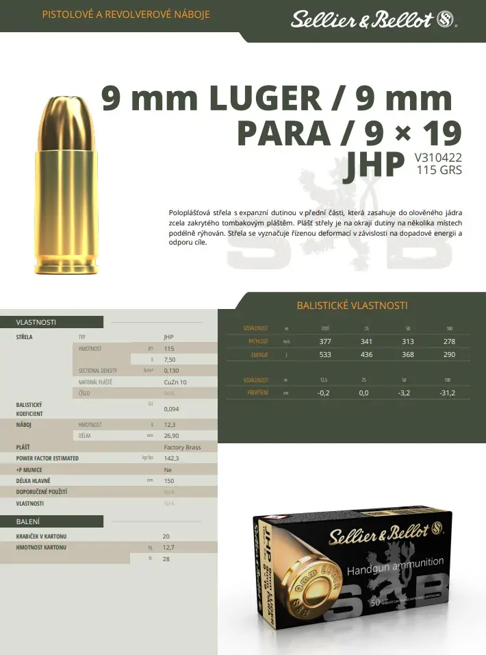 Pistolové náboje Norma 9 mm LUGER JHP, 124 grs/ 8 g