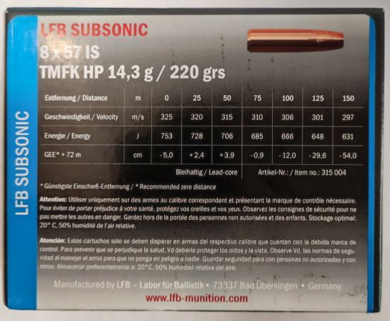 Puškové náboje LFB 8x57 JS TMFK HP 14,3 g Subsonic