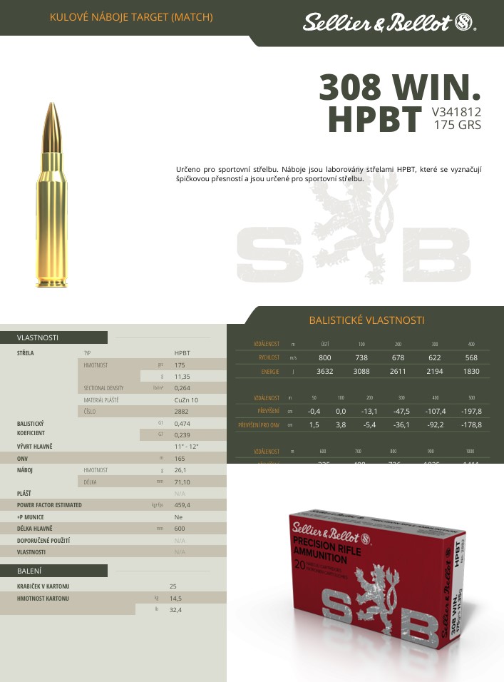 Puškové náboje Sellier & Bellot .308 WIN. HPBT, 175 grs/ 11,35 g