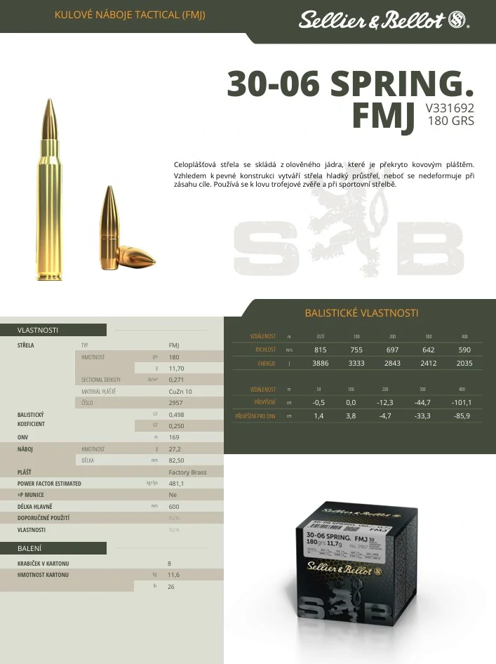 Puškové náboje Sellier & Bellot 30-06 SPRING. FMJ - 50ks bulk