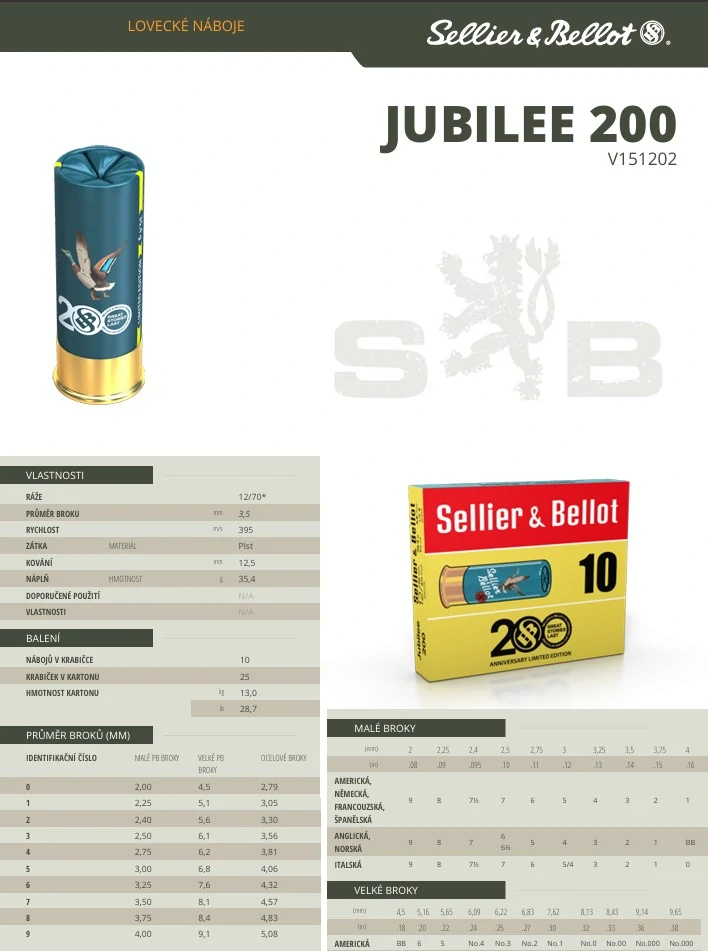 Brokové náboje Sellier & Bellot 12/70 Jubilee 200, brok 3,5 mm