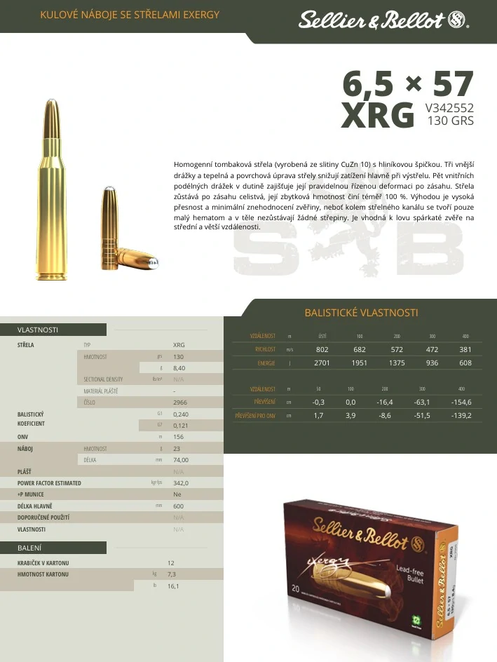 Puškové náboje Sellier & Bellot 6,5x57 XRG, 130 grs/ 8,4 g