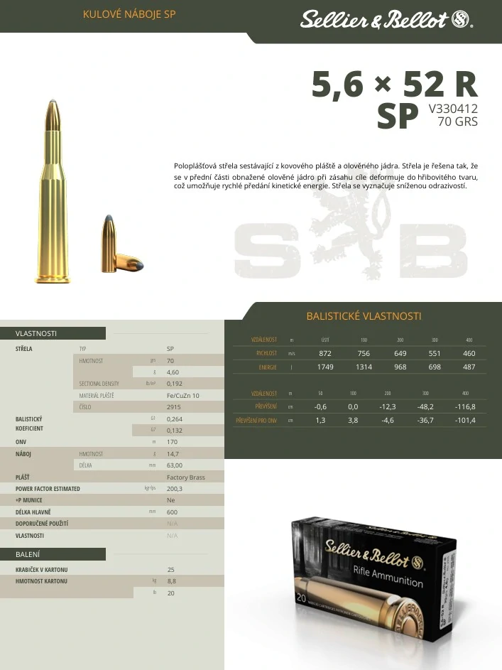 Puškové náboje Sellier & Bellot 5,6×52R SP 4,6 g / 70 grs