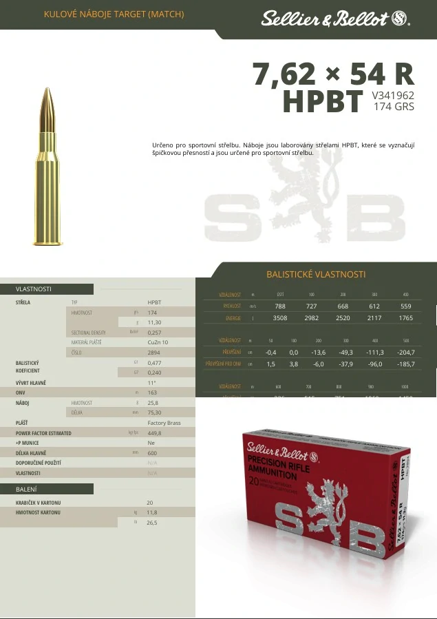 Puškové náboje Sellier & Bellot 7,62x54 R HPBT (OTM) 11,3 g / 174 gr