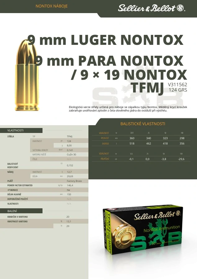 Pistolové náboje Sellier & Bellot 9 mm Luger NONTOX TFMJ 124 grs / 8 g