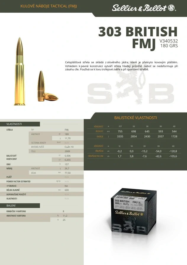 Puškové náboje Sellier & Bellot .303 British FMJ 11,7 g - 50ks Bulk