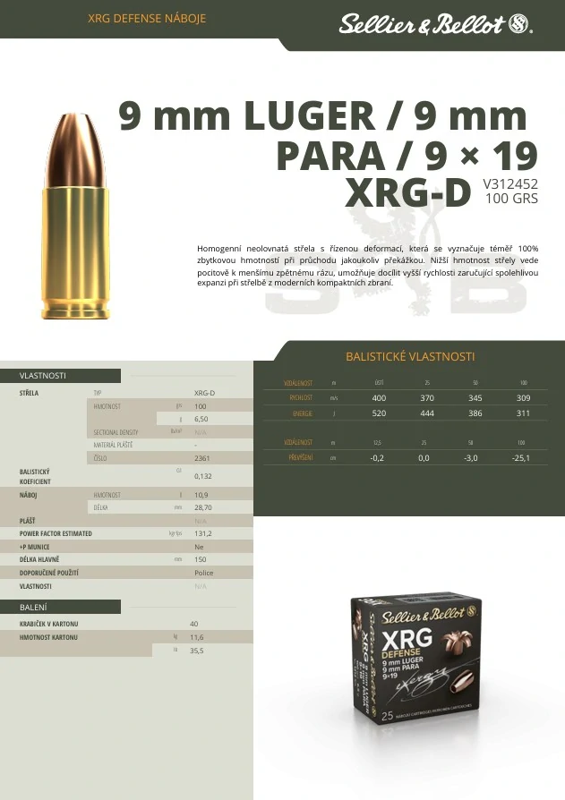 Pistolové náboje Sellier & Bellot 9mm Luger XRG Defense 6,5 g