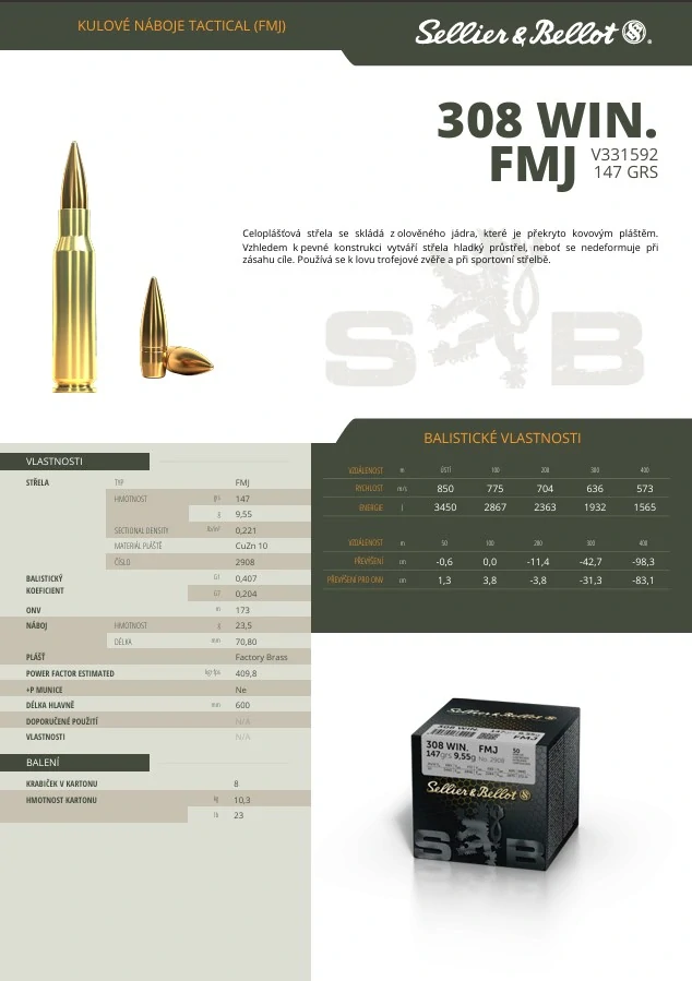 Puškové náboje Sellier & Bellot .308 WIN. FMJ, 147 grs/ 9,55 g - bulk 50 ks