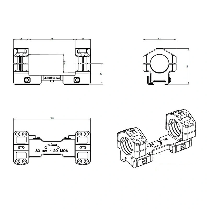 Montáž puškohledu jednodílná na weaver - objímka ø30 mm, výška 34 mm / 20 MOA, upínání Torx