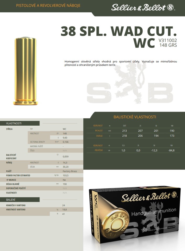 Revolverové náboje Sellier & Bellot .38 SPL. WAD CUT. WC, 148 grs/ 9,6 g