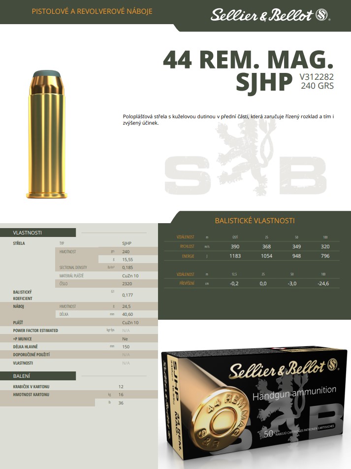 Revolverové náboje Sellier & Bellot .44 REM. MAG. SJHP, 240 grs/ 15,55 g