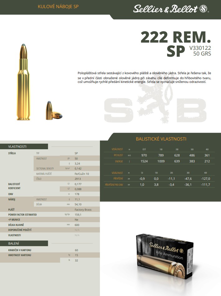 Puškové náboje Sellier & Bellot .222 REM. SP, 50 grs/3,24 g