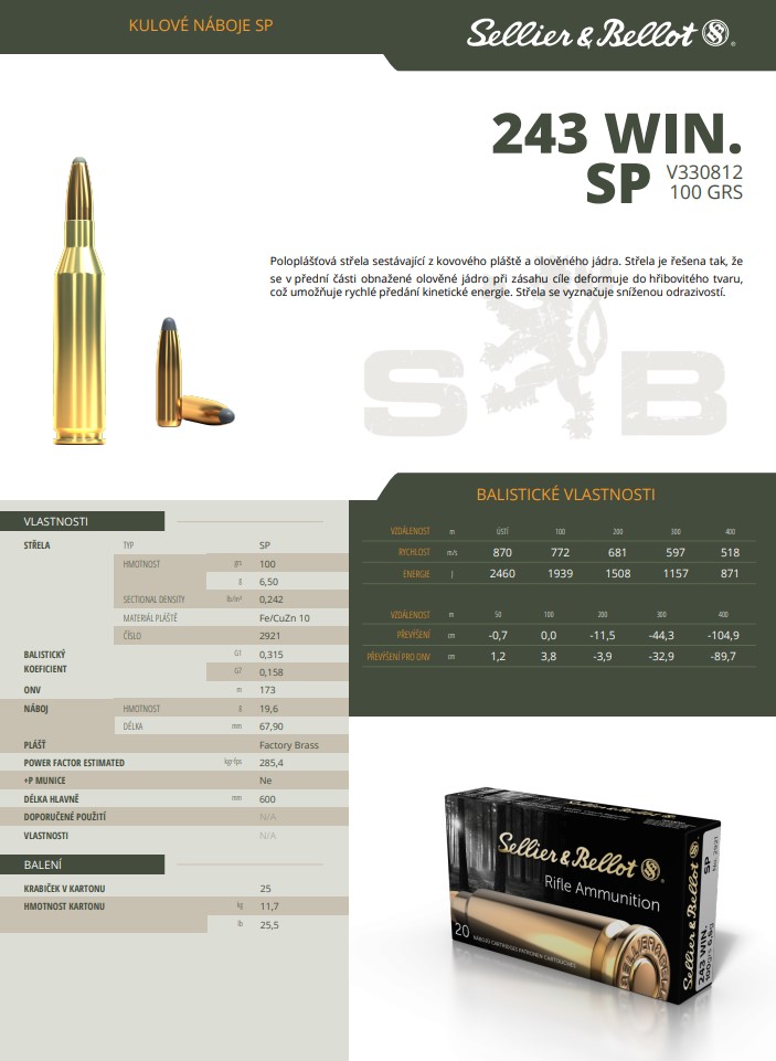 Puškové náboje Sellier & Bellot .243 WIN. SP, 100 grs/6,5 g