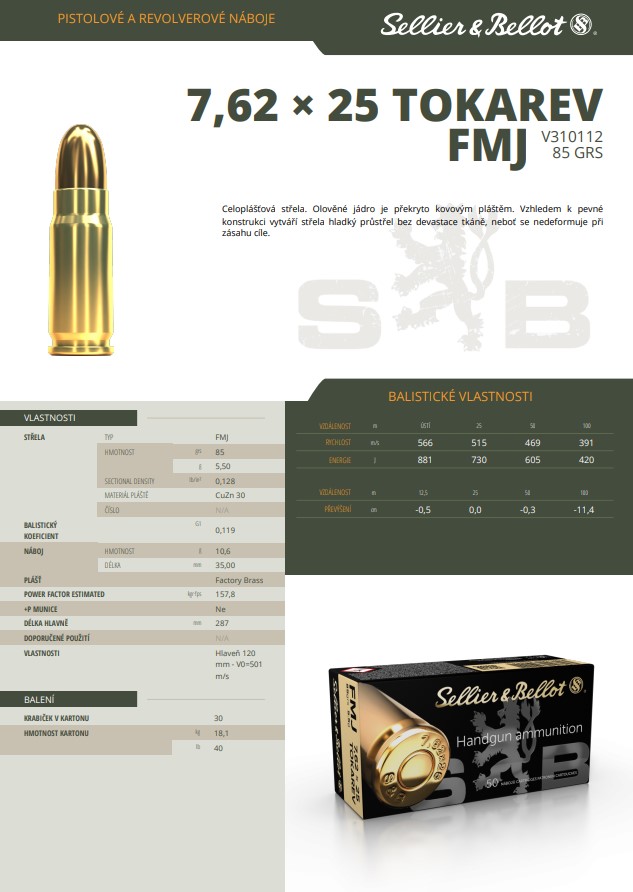Pistolové náboje Sellier & Bellot 7,62×25 TOKAREV FMJ, 85 grs/ 5,5 g
