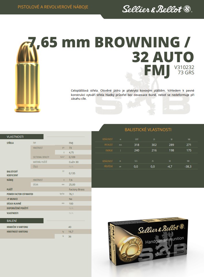 Pistolové náboje Sellier & Bellot 7,65 mm BROWNING / 32 AUTO FMJ, 73 grs/ 4,75 g