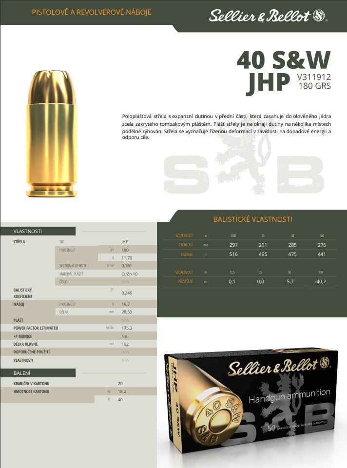 Pistolové náboje Sellier & Bellot .40 S&W JHP, 180 grs/ 11,7 g