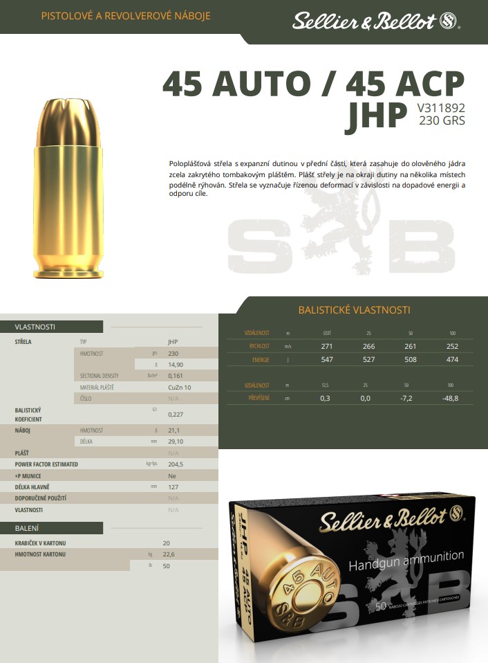 Pistolové náboje Sellier & Bellot .45 AUTO / 45 ACP JHP, 230 grs/ 14,9 g