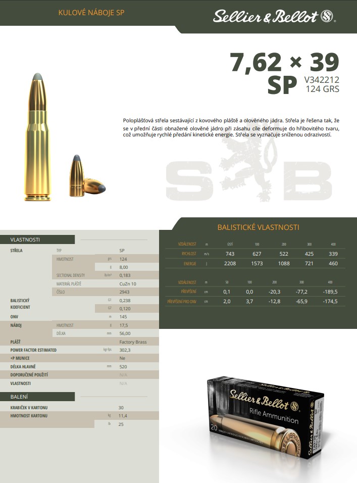 Puškové náboje Sellier & Bellot 7,62x39 SP, 124 grs/ 8 g