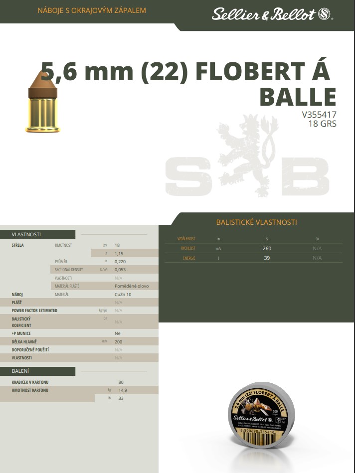 Flobertové náboje Sellier & Bellot 5,6 mm (22) FLOBERT Á BALLE, 18 grs/ 1,15 g