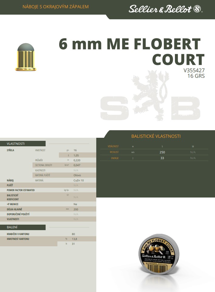 Flobertové náboje Sellier & Bellot 6 mm ME FLOBERT COURT, 16 grs/ 1,05 g