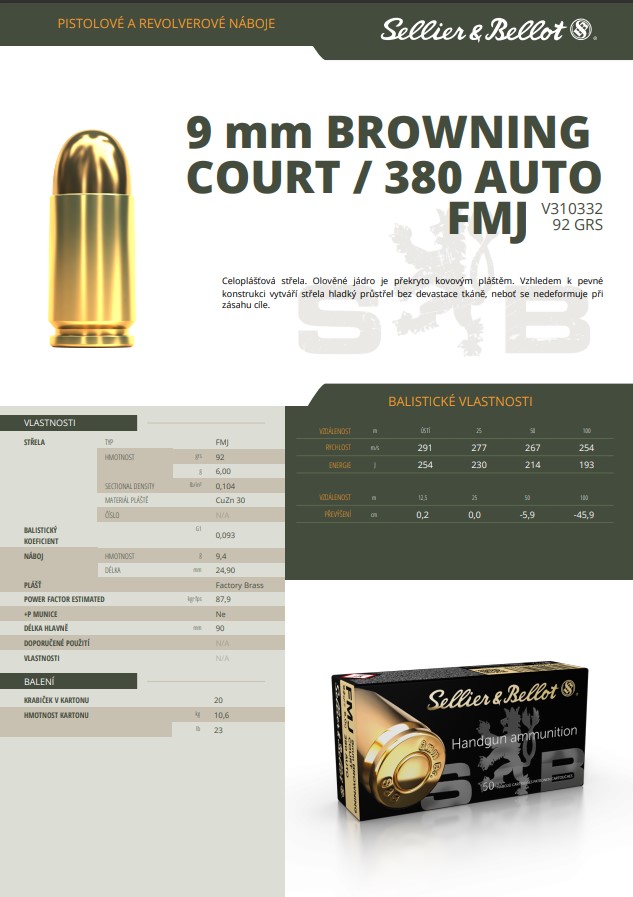 Pistolové náboje Sellier & Bellot 9 mm BROWNING COURT / .380 AUTO FMJ, 92 grs/ 6 g