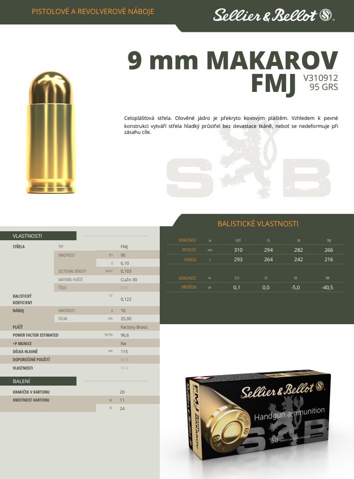 Pistolové náboje Sellier & Bellot 9 mm MAKAROV FMJ, 95 grs/ 6,1 g