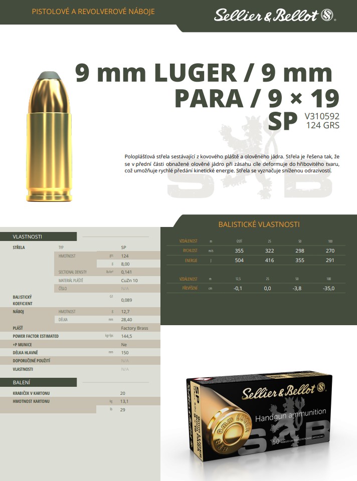 Pistolové náboje Sellier & Bellot 9 mm LUGER / 9 mm PARA / 9 × 19 SP, 124 grs/ 8 g