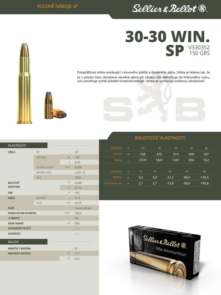 Puškové náboje Sellier & Bellot 30-30 WIN., 150 grs/ 9,7 g