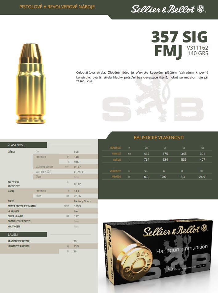 Revolverové náboje Sellier & Bellot .357 SIG FMJ, 140 grs/ 9 g