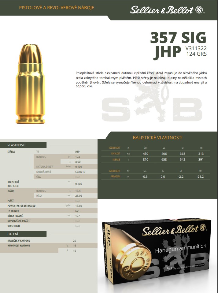 Revolverové náboje Sellier & Bellot .357 SIG JHP, 124 grs/ 8 g