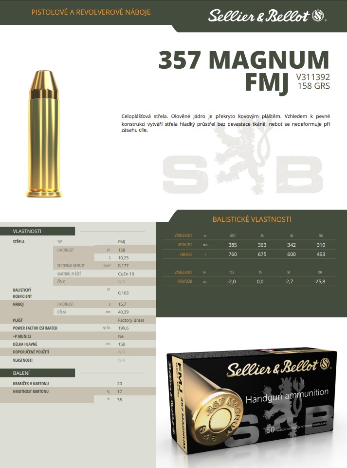 Revolverové náboje Sellier & Bellot .357 MAGNUM FMJ, 158 grs/ 10,25 g