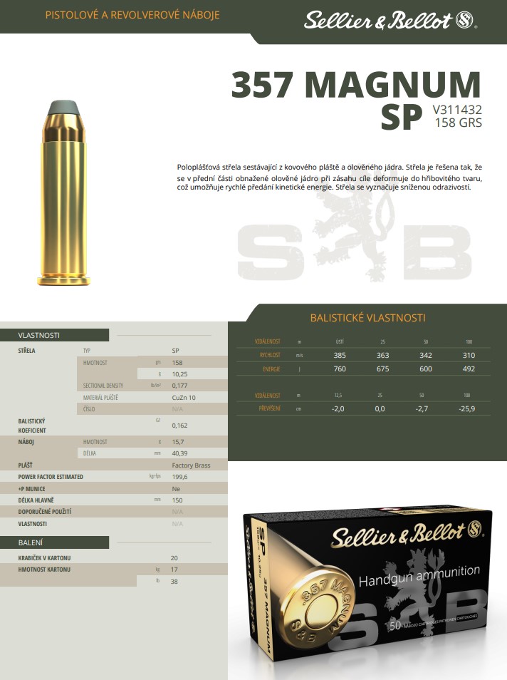 Revolverové náboje Sellier & Bellot .357 MAGNUM SP, 158 grs/ 10,25 g