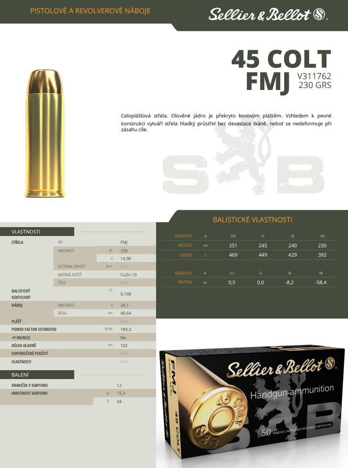 Revolverové náboje Sellier & Bellot .45 COLT FMJ, 230 grs/ 14,9 g