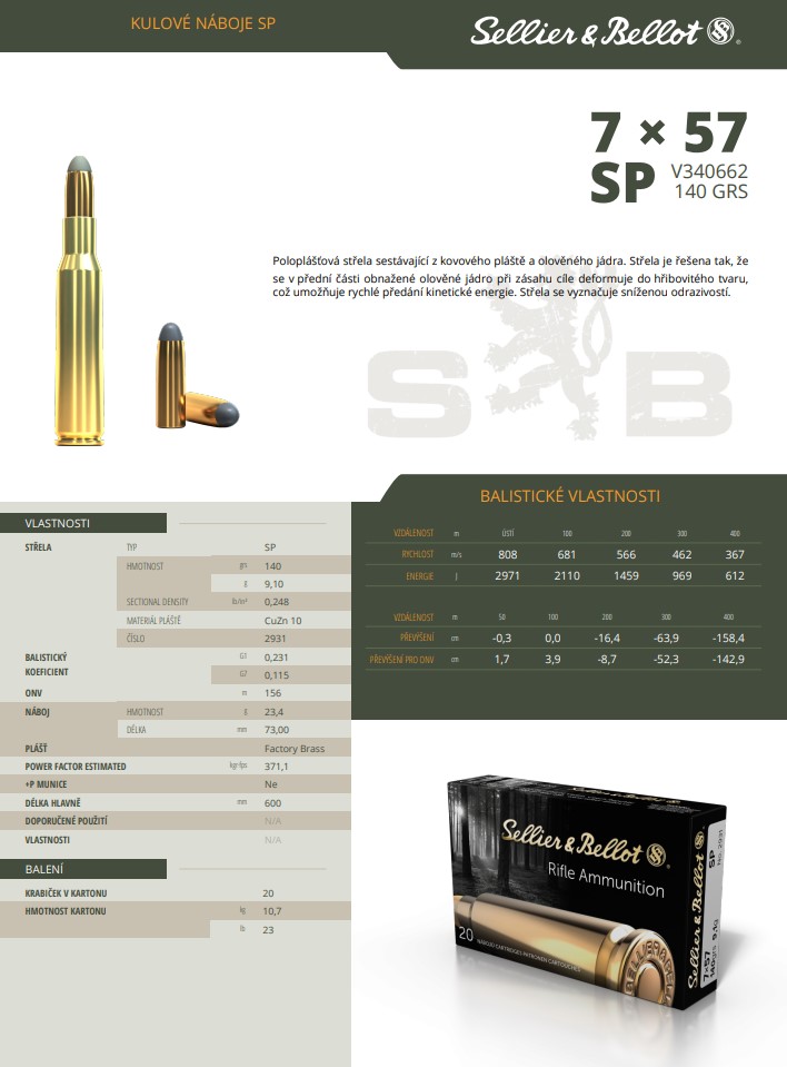 Puškové náboje Sellier & Bellot 7x57 SP, 140 grs/ 9,1 g