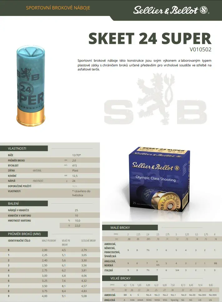 Brokové náboje Sellier & Bellot SKEET 24 SUPER, 12/70