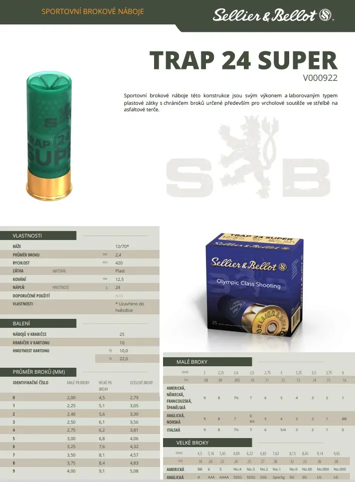 Brokové náboje Sellier & Bellot TRAP 24 SUPER, 12/70