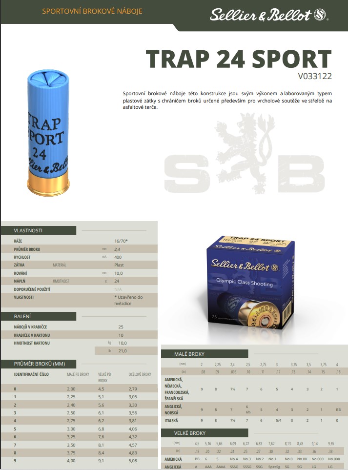 Brokové náboje Sellier & Bellot TRAP 24 SPORT, 16/70