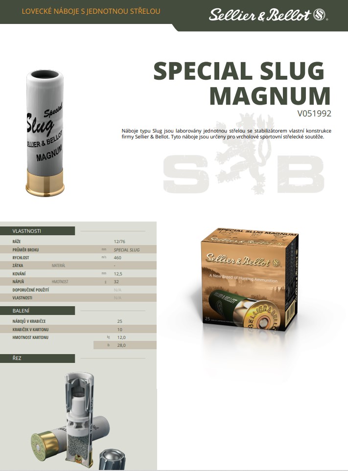 Brokové náboje Sellier & Bellot SPECIAL SLUG MAGNUM, 12/76