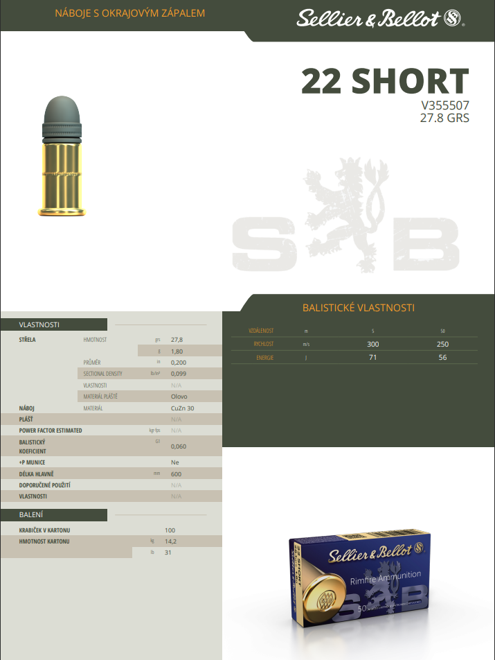 Malorážkové náboje Sellier & Bellot .22 LR SHORT, 27,8 grs/ 1,8 g