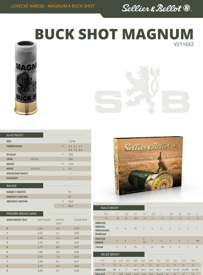Brokové náboje Sellier & Bellot BUCK SHOT MAGNUM 12/76