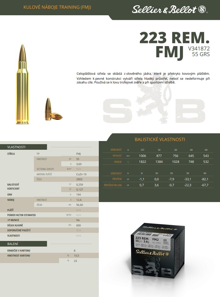 Puškové náboje Sellier & Bellot .223 REM. Training FMJ, 55grs/3,6 g