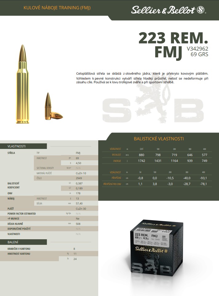 Puškové náboje Sellier & Bellot .223 REM. Training FMJ, 69grs/4,5 g