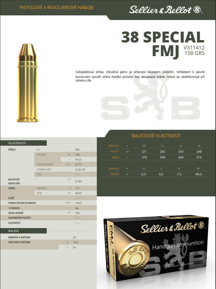 Revolverové náboje Sellier & Bellot .38 SPECIAL FMJ, 158 grs/ 10,25 g