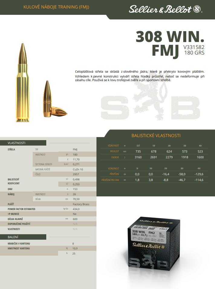Puškové náboje Sellier & Bellot .308 WIN. FMJ, 180 grs/ 11,7 g