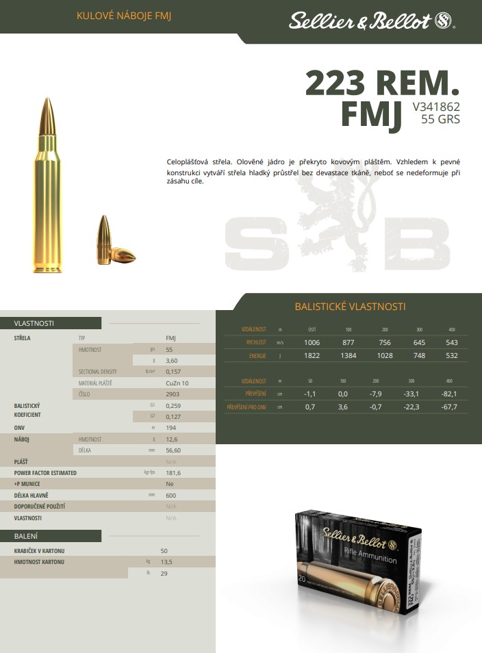 Puškové náboje Sellier & Bellot .223 REM. FMJ, 55grs/3,6 g