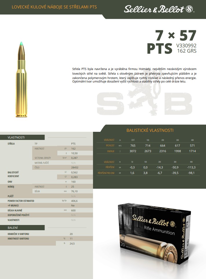 Puškové náboje Sellier & Bellot 7x57 PTS, 162 grs/ 10,5 g