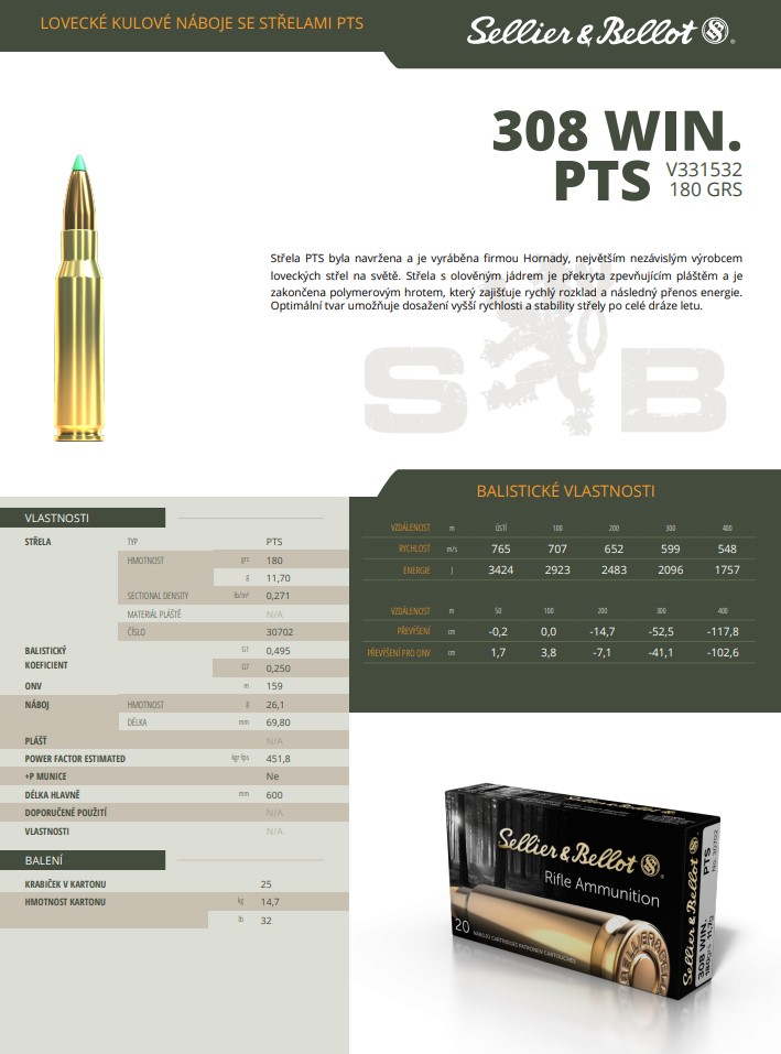 Puškové náboje Sellier & Bellot .308 WIN. PTS, 180 grs/ 11,7 g