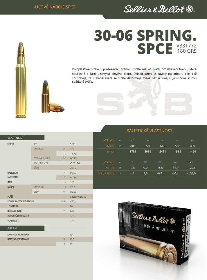 Puškové náboje Sellier & Bellot .30-06 SPRING. SPCE, 180 grs/ 11,7 g