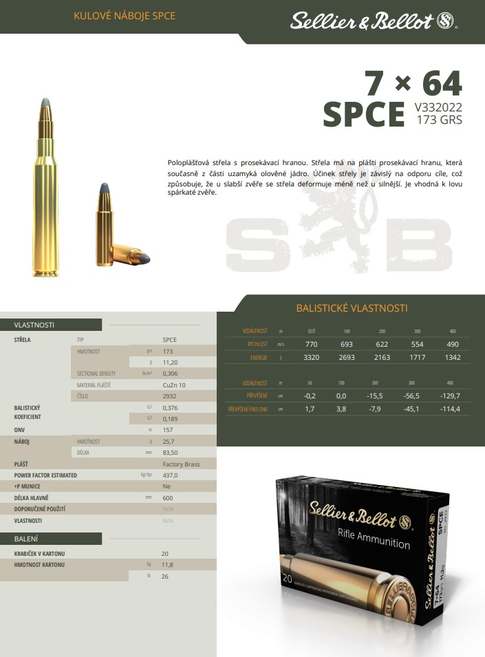Puškové náboje Sellier & Bellot 7x64 SPCE, 173 grs/ 11,2 g